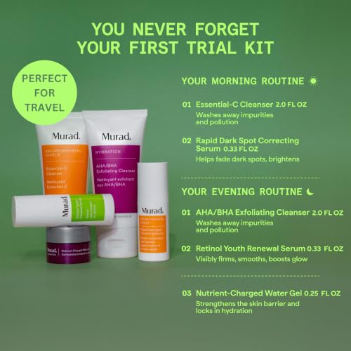 Murad Core Essentials Trial Kit – 5-Piece Travel AM/PM Regimen & Cosmetic Pouch with Cleansers, Retinol & Dark Spot Serums & Gel Moisturizer – Brightening, Smoothing & Hydrating Gift Set