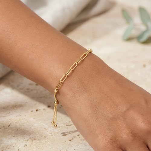 Floreo 14k Yellow Gold 3.2mm Paperclip Bolo Link Friendship Bracelet, Adjustable 9.25 Inch