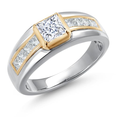 Gem Stone King Princess Cut Ring For Men | 5MM Princess Cut Gemstone Birthstone and 2.4MM Round Lab Grown Diamond | 925 Silver and 10K Yellow Gold | Available in Size 7-13