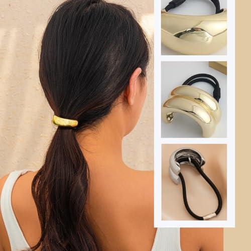 KuuGuu 6 PCS Metal Hair Ties Geometric Elastic Hair Ties Fashion Anti-Slip Glossy Arch Ponytail Hair Band Elegant Hair Cuff Wrap Hair Ties for Thick Hair for Women Hair Accessories （Gold, Silver）