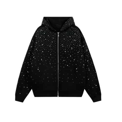 clyinsna Goth Y2K Rhinestone Hoodie for Women Men Oversized Diamond Hoodie Luxury Bedazzled Streetwear Pullover (Black,X-Large)