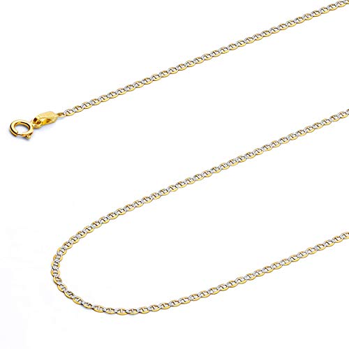 14k REAL Two Tone Gold Solid 2.5mm Flat Mariner White Pave Chain Bracelet with Lobster Claw Clasp - 7"