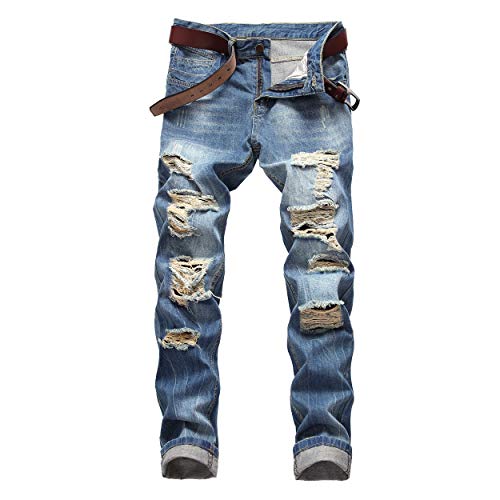 DANT BULUN Men's Ripped Distressed Destroyed Slim Fit Straight Leg Denim Jeans(W42,Blue2)