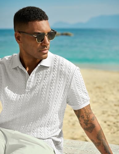 JMIERR Polo Shirts for Men Classic Fit Casual Ribbed Button Down Shirt Quiet Luxury Clothes Casual Collared Shirt, US43(L), White