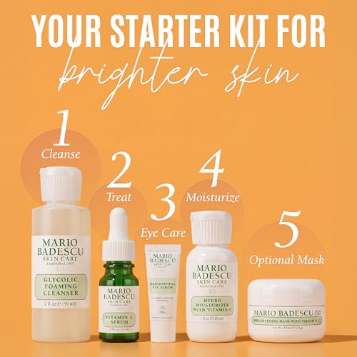 Mario Badescu Good Skin Is Forever & Bright 5-Piece Skincare Set – Glycolic Cleanser, Vitamin C Serum, Hydro Moisturizer, Brightening Mask & Eye Serum for Radiance