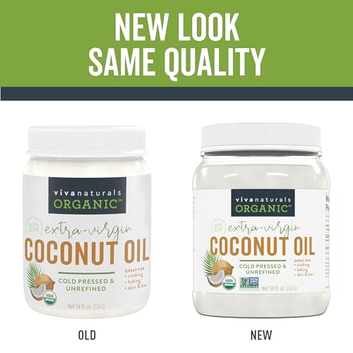 Viva Naturals Organic Coconut Oil, 54 fl oz – Unrefined, Cold-Pressed Extra Virgin Coconut Oil, USDA Organic & Non-GMO, Natural Cooking Oil, Hair Oil & Skin Oil