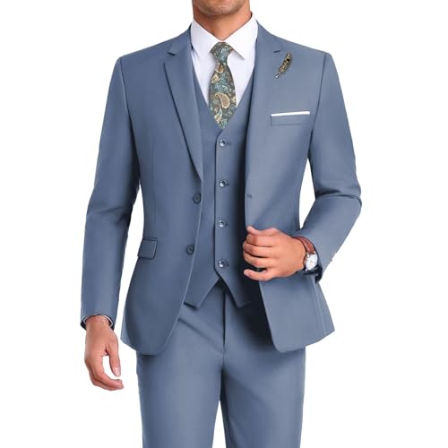 Mrbuerly Men Suit 3 Pieces Slim Fit, Denim Blue Prom Men's Suits Blazer Vest Pants Formal Wedding Groomsmen Jacket-XXL4640