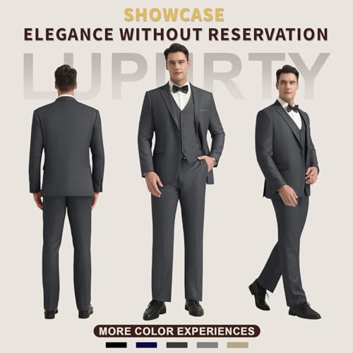 LUPURTY Men's One Button 3-Piece Suits Slim Fit Tuxedo Set with Blazer Jacket Vest & Pants for Wedding Prom Business,Dark Grey M