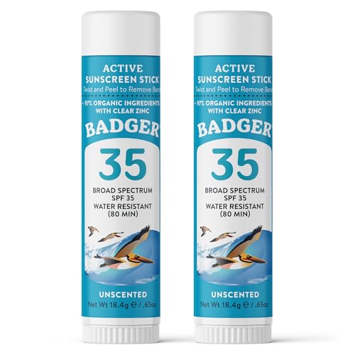 Badger Mineral Sunscreen Face Stick SPF 35, 97% Organic Unscented Zinc Oxide Travel Sunscreen, Coral Reef Safe Travel Size Stick, .65 oz, 2-Pack