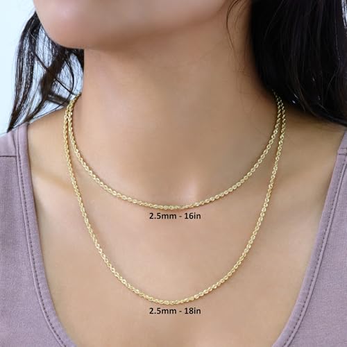 Nuragold 10k Real Yellow Gold 2.5mm Rope Chain Lightweight Necklace 16"-30" - 22"