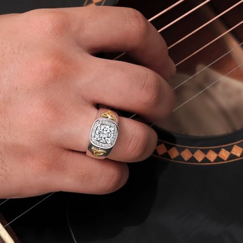 Gem Stone King 925 Silver and 10K Yellow Gold Men's Lab Grown Diamond Set with Ring Cushion Moissanite (2.66 Cttw, Size 10)
