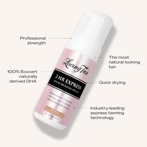 Loving Tan 2 HR Express Self Tanning Mousse, Medium - Streak Free, Natural, Professional Quality - 5+ Sunless Self Tanner Applications per Bottle, Cruelty Free, Naturally Derived DHA - 4 FL Oz