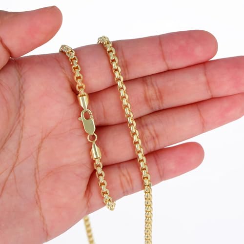Nuragold 10K Real Yellow Gold Round Box 3.5mm Venetian Link Chain Necklace - 20"