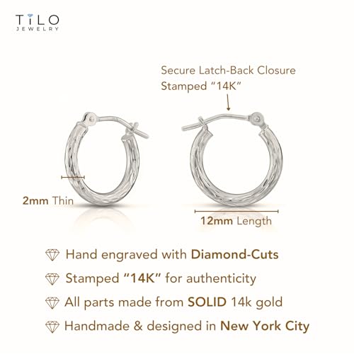14k White Gold Hand Engraved Full Diamond-cut Round Hoop Earrings (12mm (0.48 inch))