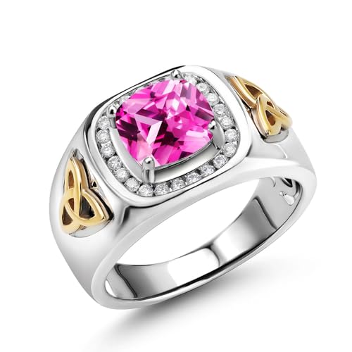 Gem Stone King 3.01 Ct Pink Created Sapphire and Lab Grown Diamond Men's Ring | 925 Silver and 10K Yellow Gold | Cushion 8MM | September Birthstone | Available in Size 7, 8, 9, 10, 11, 12, 13 | Size 9
