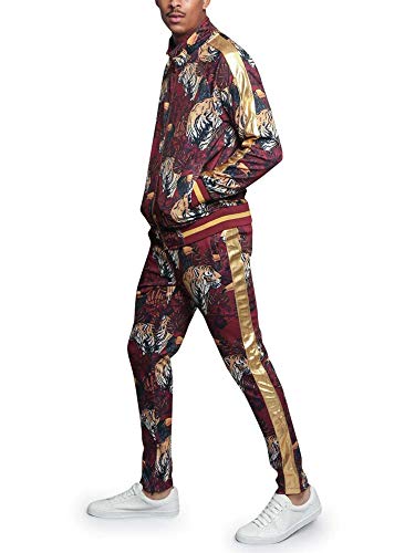 G-Style USA Men's Set Royal Floral Tiger Accent Track Suit ST559 - Burgundy - 2X-Large