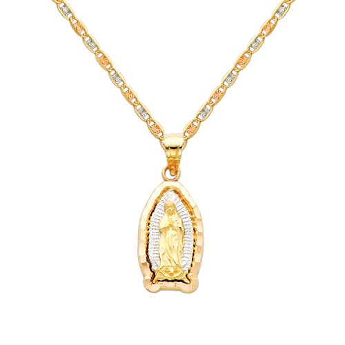 The World Jewelry Center 14k Real Tone Gold Religious Mary Guadlupe Pendant with 1.5mm Diamond Cut Chain Necklace - 16"