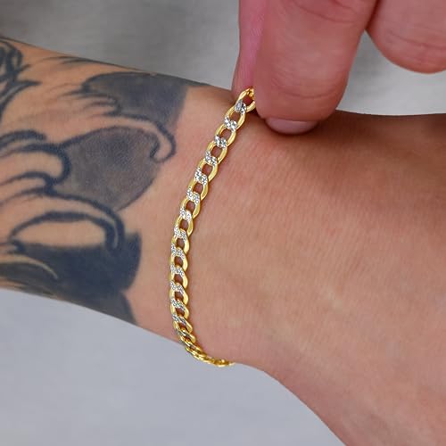 Nuragold 14k Real Yellow Gold Cuban Curb 4.5mm Pave Dia-Cut Chain Bracelet - 7"