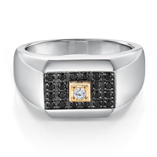 Gem Stone King Black Diamond and White Lab Grown Diamond Ring for Men | 925 Sterling Silver and 10K Yellow Gold | 0.29 Cttw | Size 13