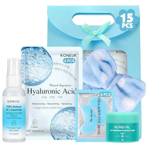 15 Pcs Skincare with Facial Mask, Eye Mask, Face Mist, Lip Mask, Headband