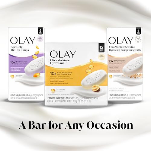 Olay Beauty Bar, Ultra Moisture,10x More Moisturizers, Nourishing Conditioners, Smooth & Gentle on Skin, Vitamin B3 Complex, For All Skin Types, Shea Butter Scent, 3.17 oz, (Pack of 12)