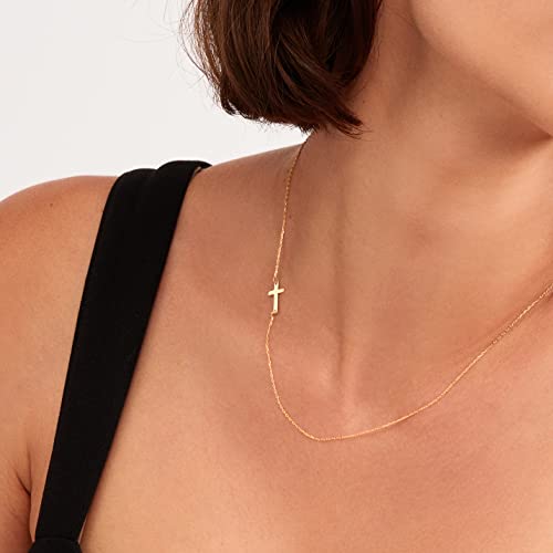 Gelin Sideways Cross Necklace for Women in 10K Solid Yellow Gold, 18 Inch Chain