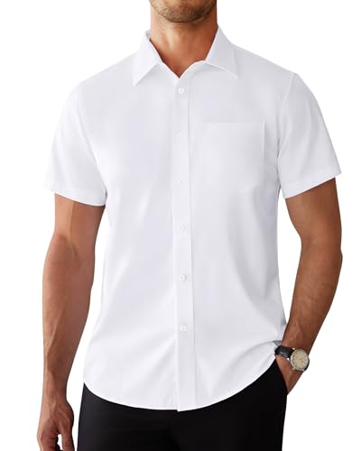 Alimens & Gentle Mens Dress Shirts Short Sleeve Wrinkle Free White Button Down Shirt Summer Wedding Shirts with Pocket