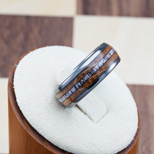 100S JEWELRY Gunmetal Gray Tungsten Rings For Men Whiskey Barrel Wood & Elk Anters Inlay Wedding Promise Engagement Band Size 6-16 (Gunmetal Gray, 10.5)