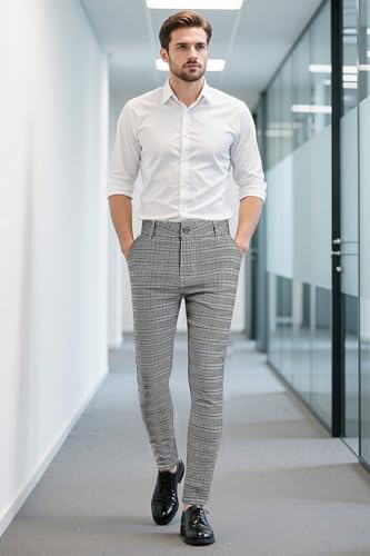 GINGTTO Mens Slim Fit Dress Pants Stretch Plaid Grey Chino Pants Men Skinny Checkered Tapered Slacks 32W x 30L