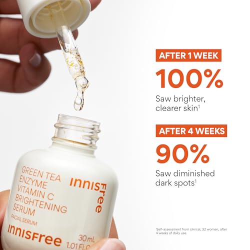 Innisfree Green Tea Enzyme Vitamin C Serum for Brightening | Sunspots, Post-Breakout Marks and Dark Spot Correction | Hydrating Korean Face Serum for Radiant Glow, 1.01 Fl Oz