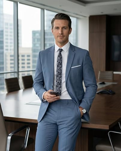 Fxzpiodi Mens 2 Piece Suit Slim Fit Business Wedding Groomsman Suit for Prom Dinner Tuxedo Suit Jacket Pants Denim Blue XL