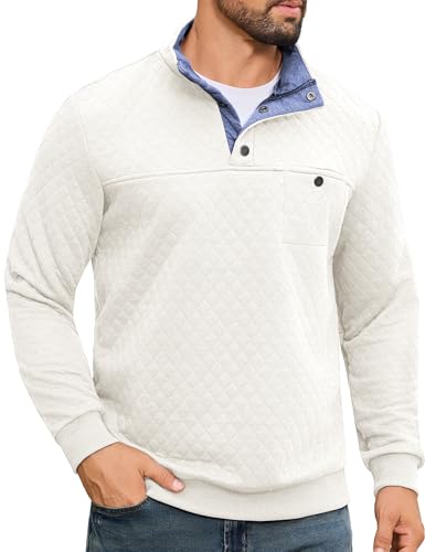 URRU Quilted Sweatshirts for Men Contrast Stand Collar Casual Quarter Button Long Sleeve Cotton Pullover Sweater White XXL