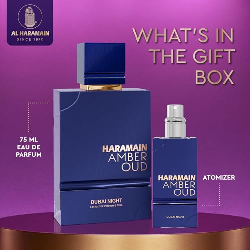 Al Haramain Amber Oud Eau de Parfum 75ml + ATOMIZER – Dubai Night – Unisex Ladies & Mens Cologne – Men/Women's Cologne Spray – Perfume for Men & Women: Amber, Bergamot, Vanilla, White Musk (2.53 oz)