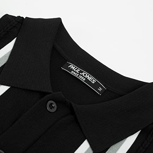 PJ PAUL JONES Mens Short Sleeve Knitted Polo Shirts Vintage Striped Summer Knit Shirt Mens Collared Shirts Short Sleeve Black L