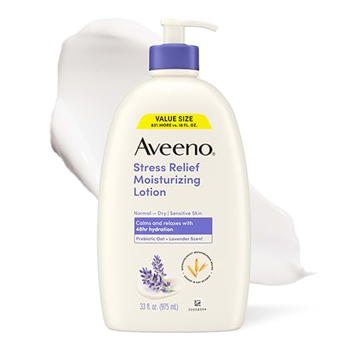 Aveeno Stress Relief Moisturizing Body Lotion, Lavender Scent with Prebiotic Oat for Sensitive Skin, Lightly Scented Lotion with 48-Hour Hydration, Fast Absorbing, Non-Greasy, Value Size 33 Fl Oz