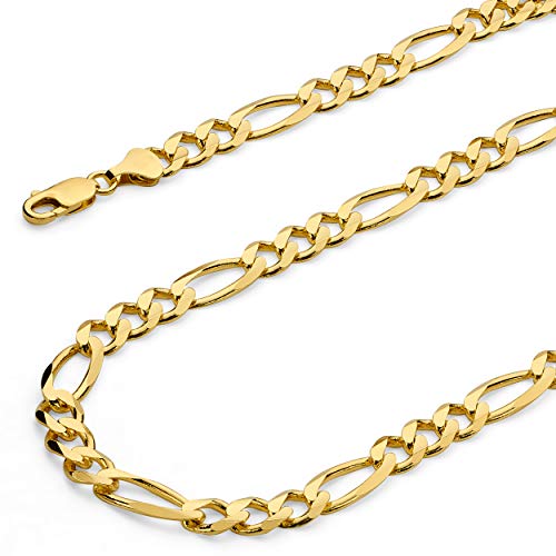 14k REAL Yellow Gold Solid Men's 6mm Figaro 3+1 Concave Chain Bracelet with Lobster Claw Clasp - 8"