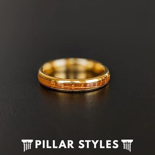 14K Yellow Gold Wedding Bands Womens Ring with Whisky Bourbon Wood Inlay Thin 4mm Gold Whiskey Barrel Ring Comfort Fit Tungsten Rings for Men Wooden Couples Ring Set