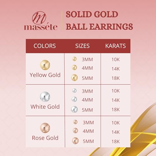 MASSETE 10k Yellow Gold Ball Stud Earrings for Women and Girls Screwback Nickel Free 5mm