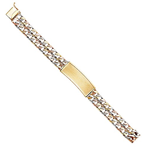 The World Jewelry Center 14k Real Tri Color Gold Men's 2 Line Nugget Cuban Link ID Bracelet - 8.5"