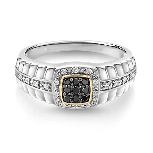 Gem Stone King White Lab Grown Diamond and Black Diamond Ring for Men | 0.19 Cttw | 925 Silver and 10K Yellow Gold | Size 7