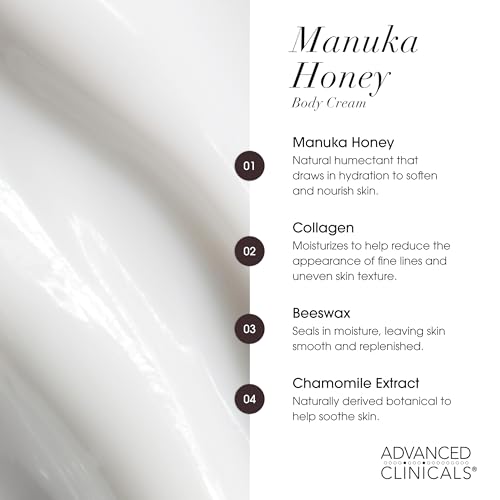 Advanced Clinicals Manuka Honey Body Cream For Women & Men | Body Butter Lotion For Extremely Dry Skin | Collagen Cream | Skincare Moisturizer Hydrating Balm Improves Look Of Aging Skin, 16 Ounce