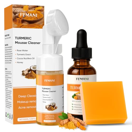 Turmeric Face Wash Set, Turmeric Facial Cleanser & Turmeric Soap Bar & Oil