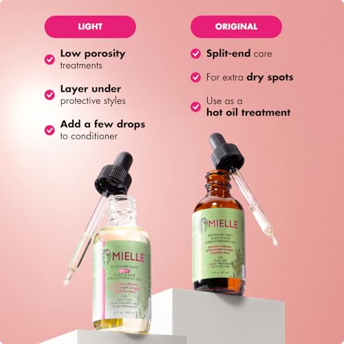 Mielle Organics Rosemary & Mint Light Hair Oil, Split Ends & Dry Scalp Treatment - Infused with Biotin & Essential Oils for Strengthening, Soothing, Moisturizing & Encouraging Longer Hair (2 Oz)