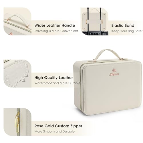 Faquenc Leather Makeup Case with LED Lighted Mirror 11.4 Inch Travel Makeup Bag Adjustable Brightness in 3 Colors Cosmetic Organizer Artist Storage Bag with Dividers Brush Holder Bag Vanity White