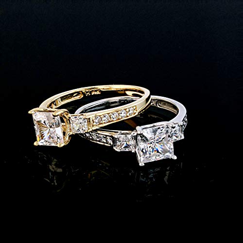 Ioka - 14K Solid Yellow Gold 1.5 Ct. Princess Cut 3 Stone CZ Engagement Ring With Stones in Band - Size 7