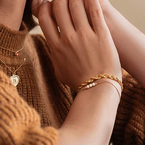 Gelin 10K Solid Gold Freshwater Pearl Bracelet for Women - Dainty Triple Pearl Station Bracelet