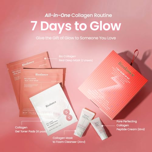 BIODANCE 7 Day Glow Up Kit: Collagen Gift Set for Glass-Skin, Korean Skin Care with Cleanser, Toner Pads, Moisturizer, Gel Masks, All-in-One Skin Care Set, Mothers Day Gifts
