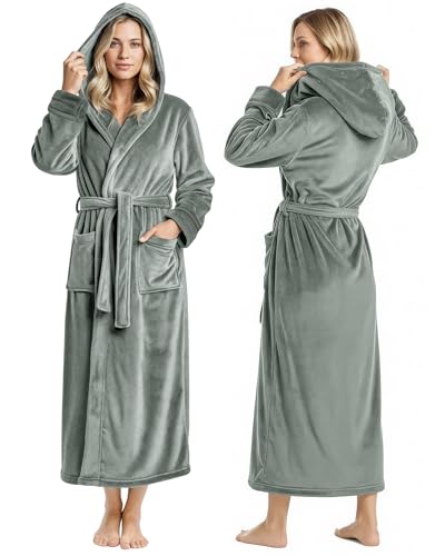 NY Threads Premium Plush Fleece Robes for Women with Hood Fluffy Soft Long Bathrobe, Medium, Steel Grey