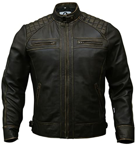 Mens Genuine Leather Biker Jacket Black | Vintage Brown Distressed Lambskin Motorcycle Jackets for Men (Distressed Brown, X-Large)