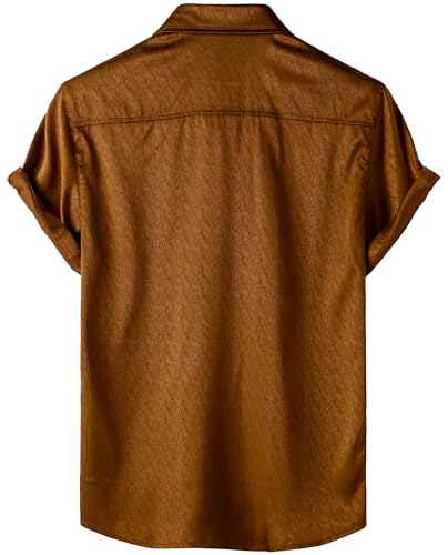 ZEROYAA Men's Luxury Shiny Satin Jacquard Shirt Modern Fit Short Sleeve Button Down Shirts for Summer Party Prom Brown Large
